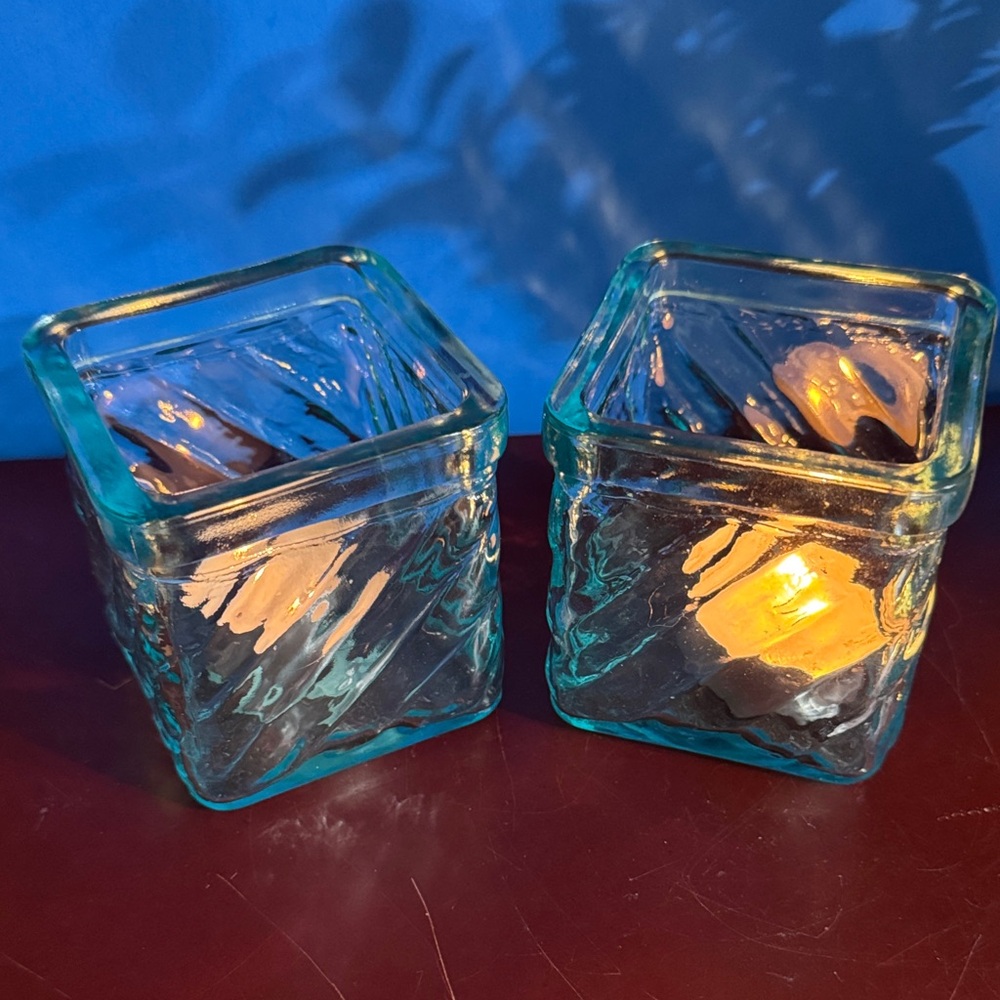 Pair of Vintage Aqua Ribbed Glass Votive Holder, Block Design - Picture 2 of 9